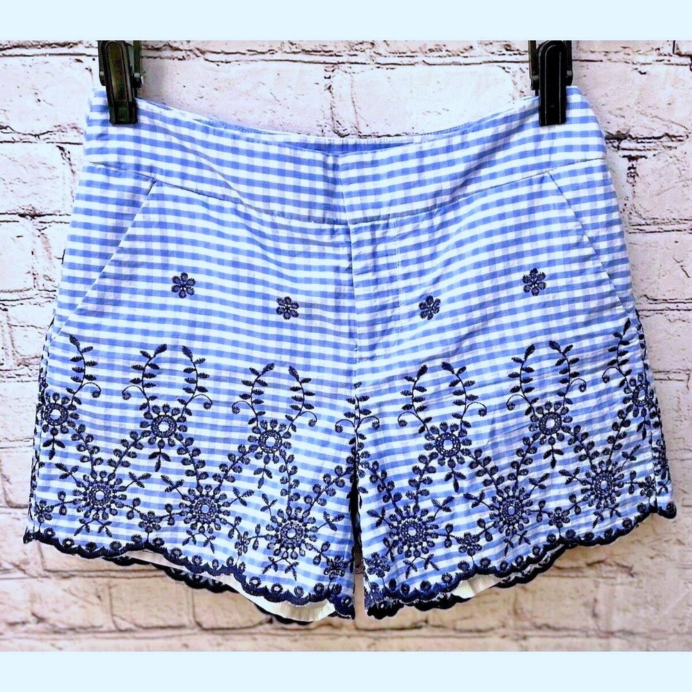 MAISON JULES Blue Gingham Embroidered Shorts-Women's Size 2-Lined - Picture 1 of 7
